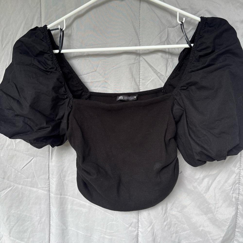 Zara Black Puff Sleeve Ruched Blouse